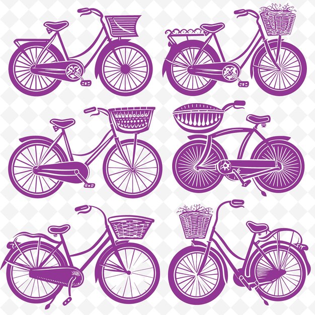 A purple bicycle with a basket on it and a basket with a basket on it