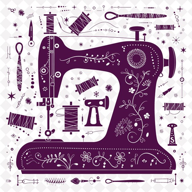 PSD a purple and black drawing of a sewing machine with a pattern of things and the words quot the word