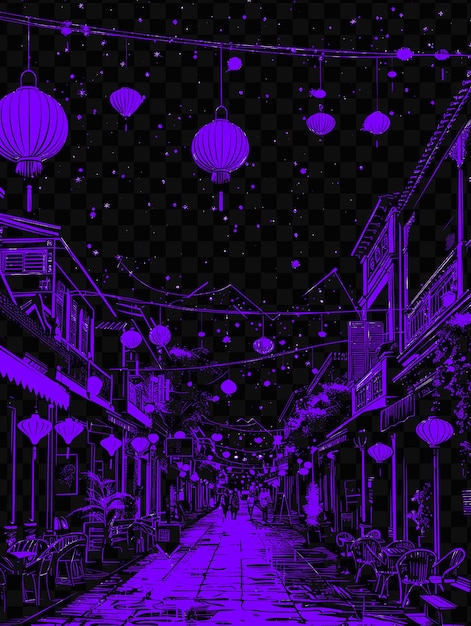 A purple and black photo of a building with purple lanterns on it