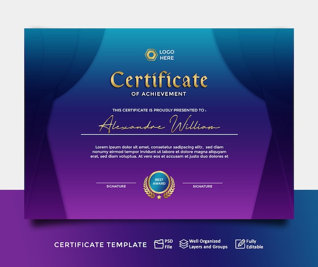 Purple and blue modern certificate template design or digital certificate technology lanscape 2