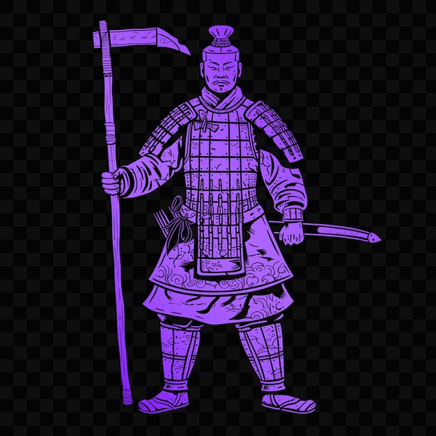 A purple and blue warrior with a flag on his back