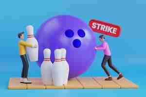 PSD purple bowling ball and scattered white skittles man playing bowling 3d bowlink strike