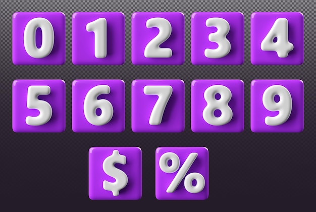 Purple Button 3D Numbers Set (Zestaw liczb fioletowych przycisków 3D)