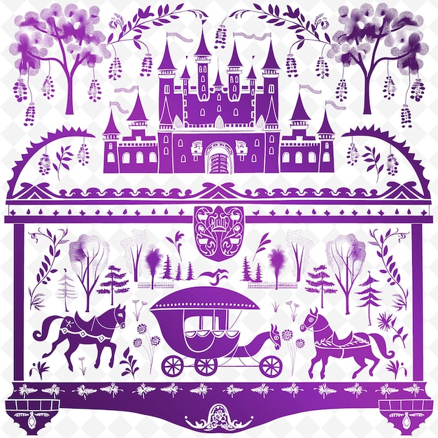 A purple castle with a horse and a castle on it