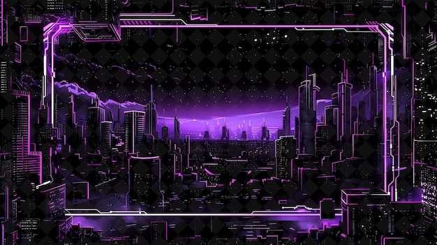 A purple city skyline with a purple background and a city in the background