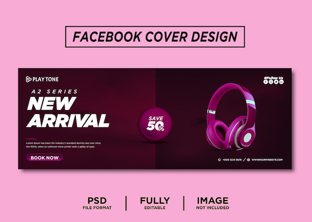 PSD purple color headphone brand facebook cover template