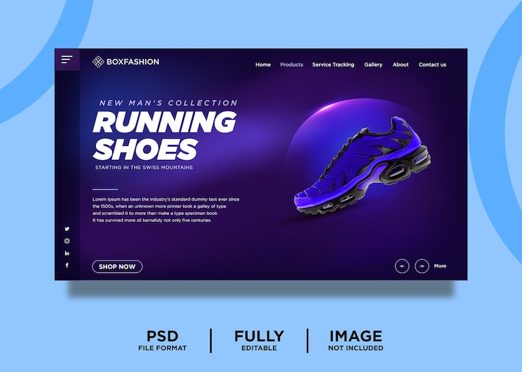 PSD purple color running shoes product landing page template