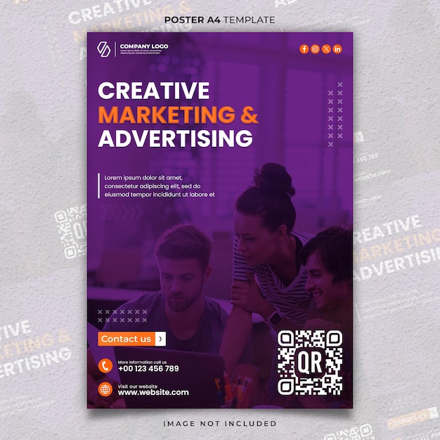 PSD modello di poster a4 o banner per l'agenzia di marketing e pubblicità creativa viola