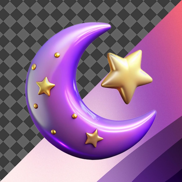 Purple Crescent Moon and Gold Star 3D Render