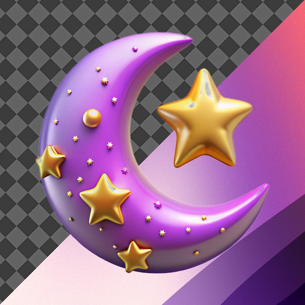 Purple Crescent Moon and Gold Stars 3D Render