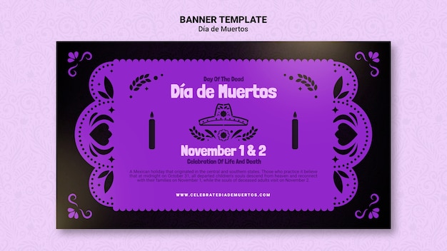 Modello di banner orizzontale viola dia de muertos