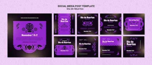 Purple dia de muertos social media posts pack