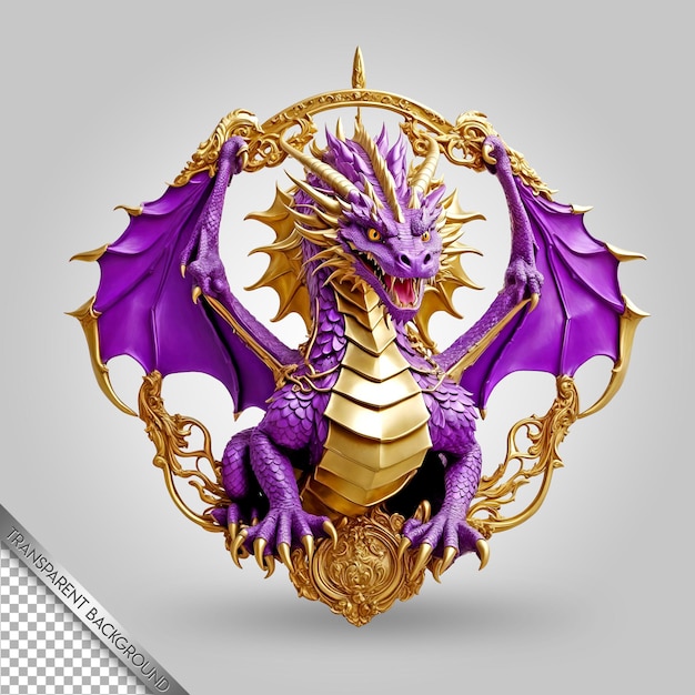 PSD un drago viola con ali d'oro e un logo di drago d'oro