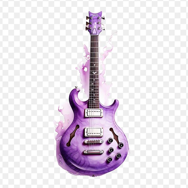 Purple electric guitar with purple paint on a transparent background