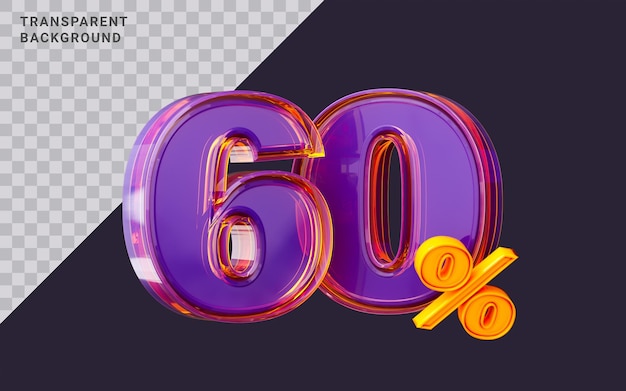 Viola effetto vetro realistico 60 per cento numero simbolo 3d rendering grande vendita online shopping banner