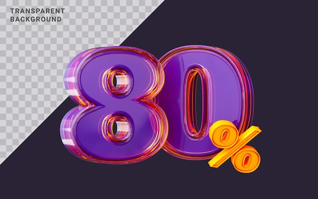 PSD purple glass effect realistic 80 percent number symbol 3d render big sale online shopping banner