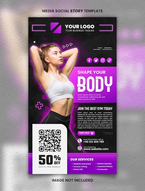 PSD purple glow fitness gym media social story post template