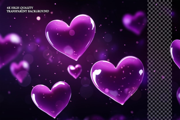 Purple glowing hearts flying in the air purple background on transparent background