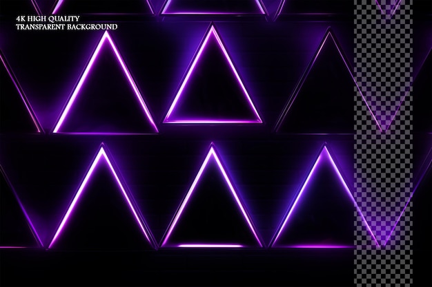 PSD purple glowing neon triangles on dark background cartoon on transparent background