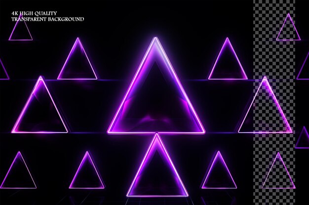 PSD purple glowing neon triangles on dark background cartoon on transparent background