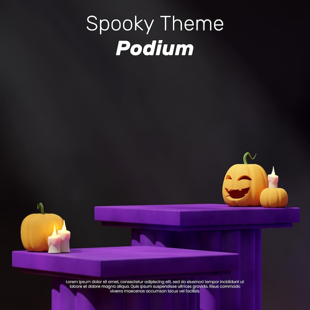 Purple halloween podium in square with pumpkins and candles 3d render scene mockup