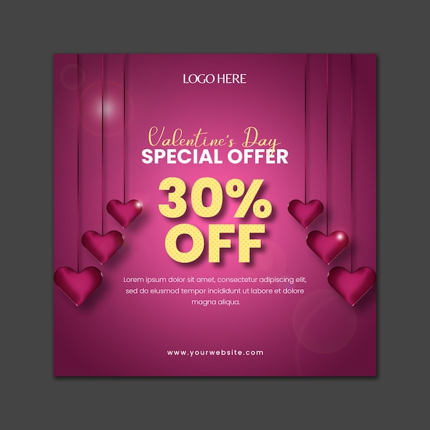 Purple hanging hearts and yellow text valentines day social media post