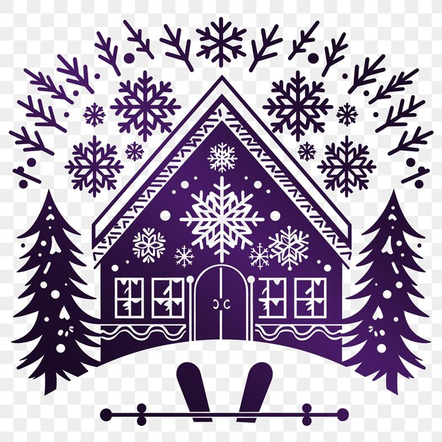 A purple house with snowflakes and trees in the background