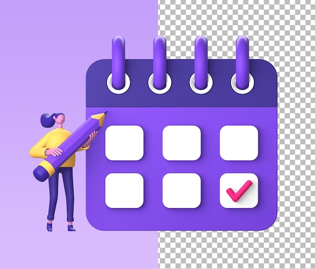 UI UX デザインのカレンダー日付時刻と鉛筆を持つ 3D キャラクターの紫色のイラスト アイコン