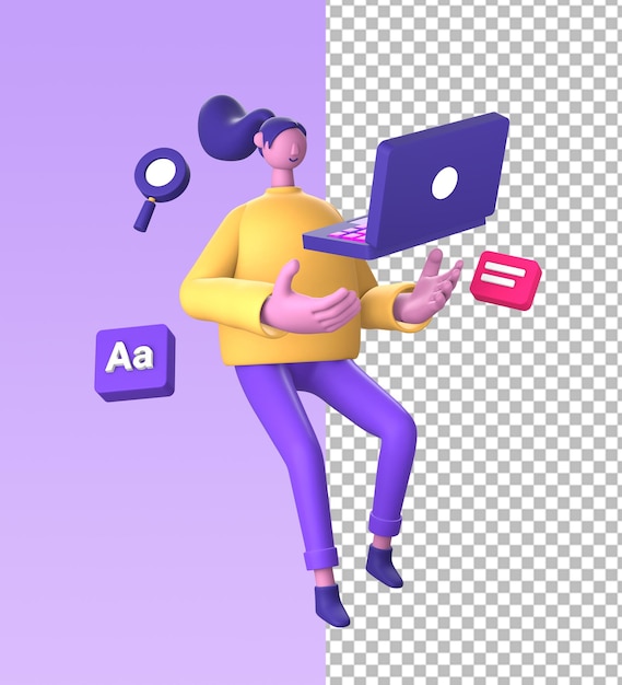 Icona viola dell'illustrazione del personaggio 3d che utilizza un laptop per lavorare per la progettazione di annunci sui social media ui ux