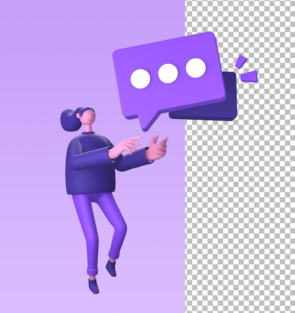 PSD icona viola dell'illustrazione del personaggio 3d con messaggio di chat o fumetto per il design ui ux