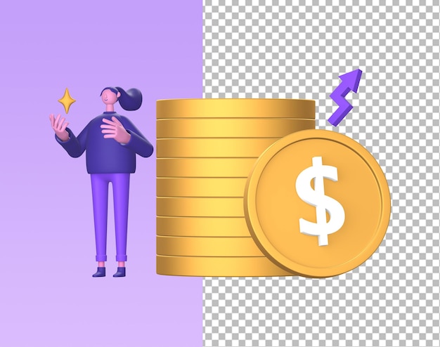 Purple illustration icon of 3d character with financial money growth and business goal for ui ux