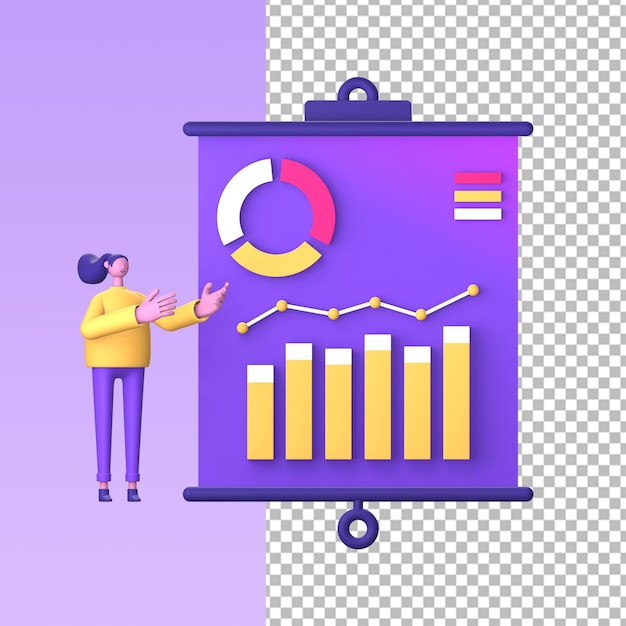 PSD purple illustration icon of business infographic statistics growth presentation with 3d character