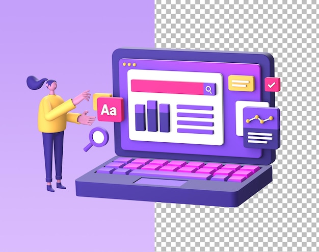 PSD purple illustration icon of working on laptop with 3d character for ui ux social media ads design