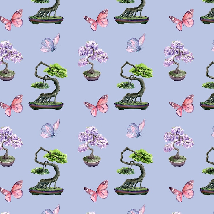 PSD purple lilac bonsai shimpaku juniper bonsai japanese seamless pattern watercolor painting handdrawn