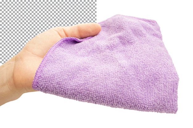 Purple microfiber cloth for dusting in hand isolated on transparent background