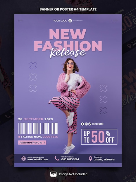 Purple new fashion release poster a4 or banner template