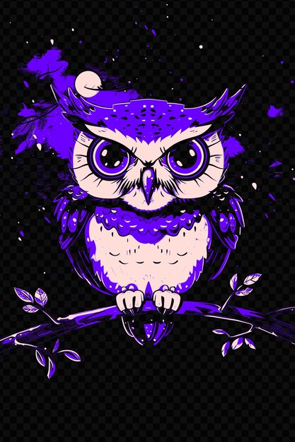 PSD purple owl on a branch with purple flowers