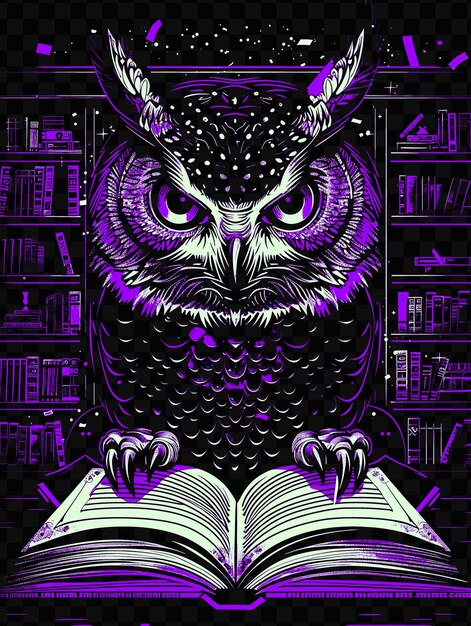 A purple owl reading a book with a purple background