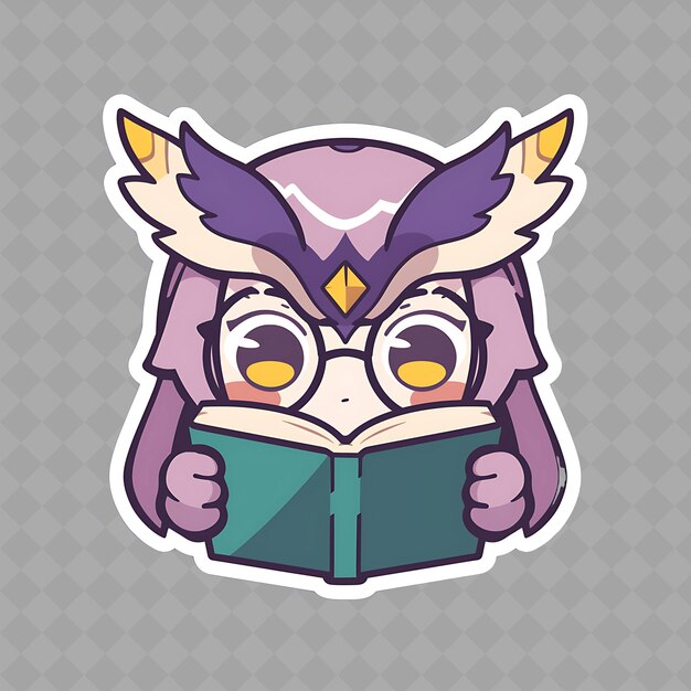 PSD a purple owl with glasses reading a book