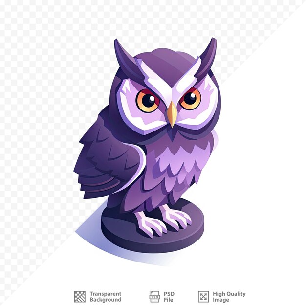 PSD a purple owl with yellow eyes sits on a pedestal with a white background