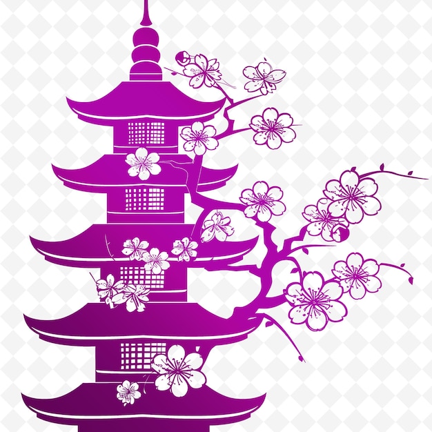 Una pagoda viola con un albero sopra