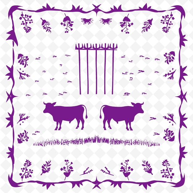 A purple and pink design with two cows and a fence