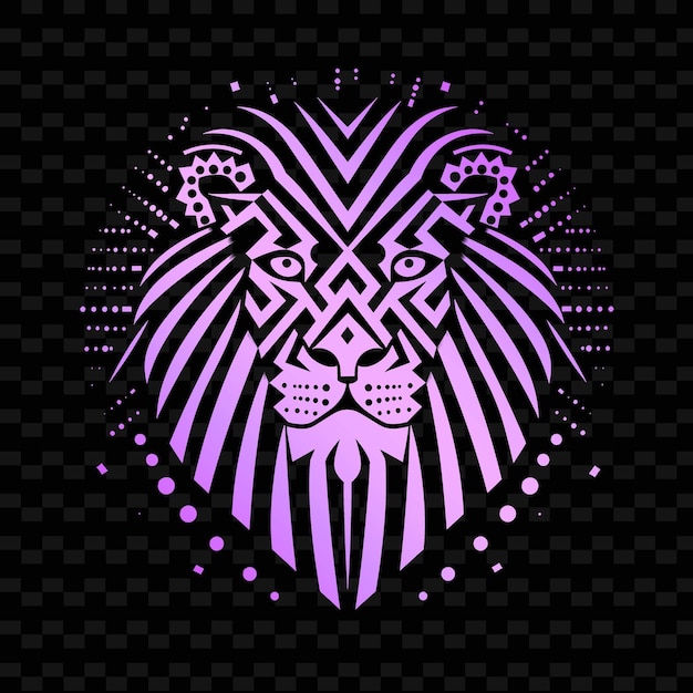 A purple and pink lion head with a black background