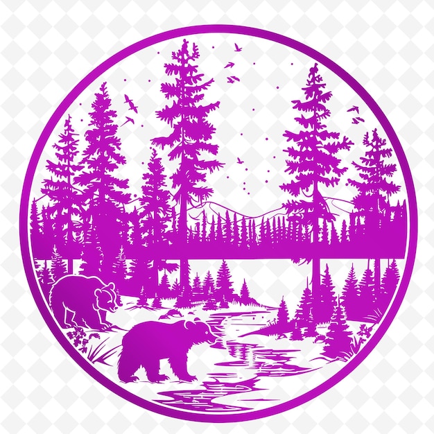 PSD un logo viola e rosa con un orso al centro della foresta