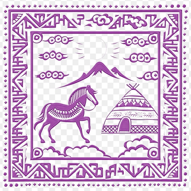 A purple and pink picture of a horse and a pyramid