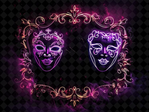 PSD a purple and pink poster of two masks with a purple background