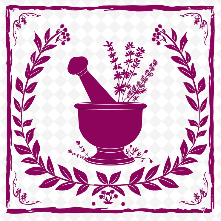 PSD a purple and pink poster with a pot of flowers and herbs