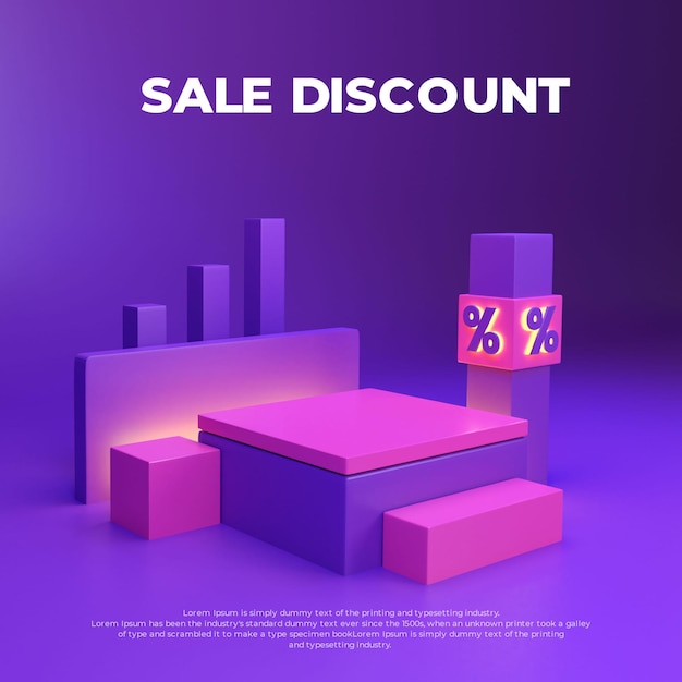 PSD display promozionale del prodotto realistico del podio 3d di sconto di vendita rosa viola