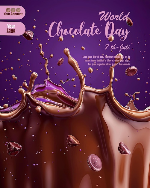 PSD un poster viola per il giorno del cioccolato con il cioccolate che ne scorre