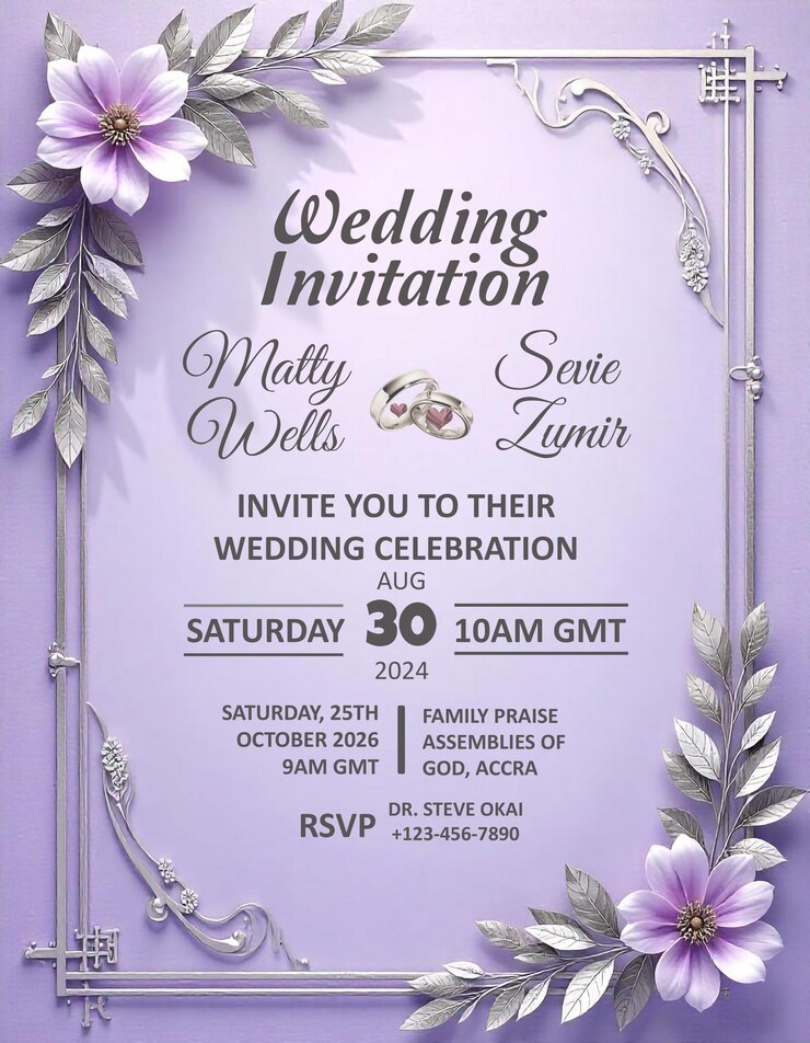 PSD a purple poster for a wedding reception with flowers and butterflies